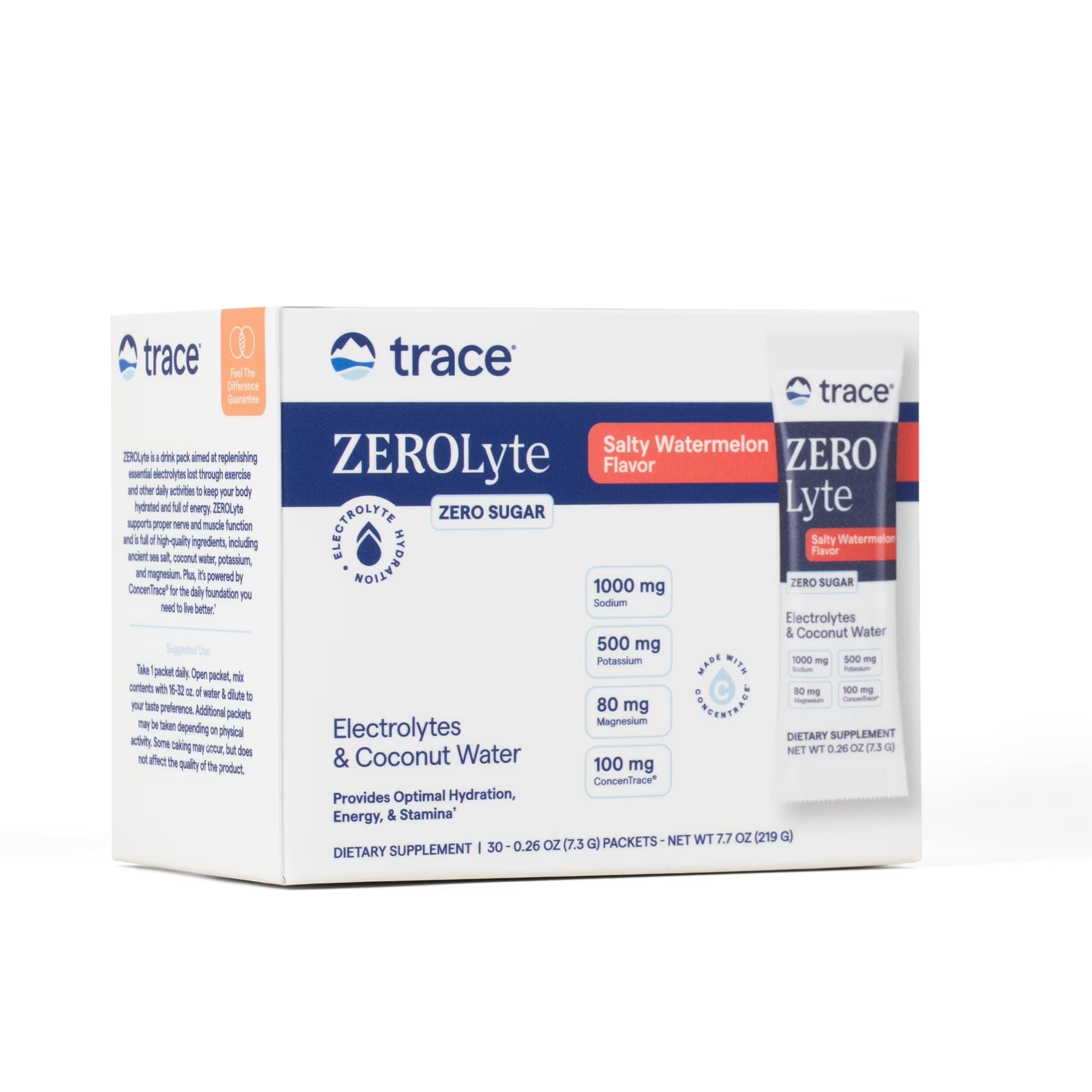 Trace Minerals ZeroLyte frente del empaque muestra 30 sobres y beneficios