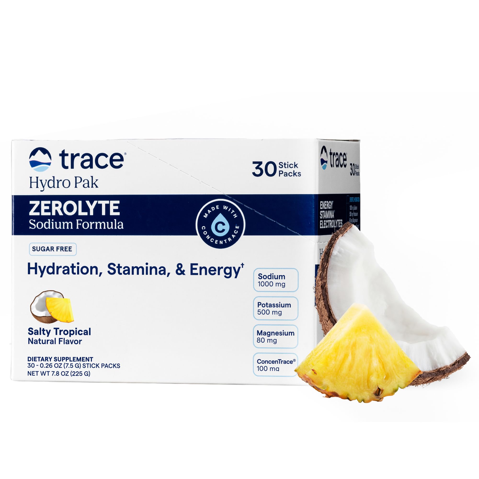 Trace Minerals frente del empaque mostrando 30 sobres y beneficios rápidos