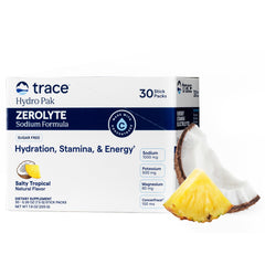 Trace Minerals frente del empaque mostrando 30 sobres y beneficios rápidos