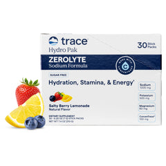 Trace Minerals ZeroLyte vista frontal del empaque mostrando 30 sobres y sabor