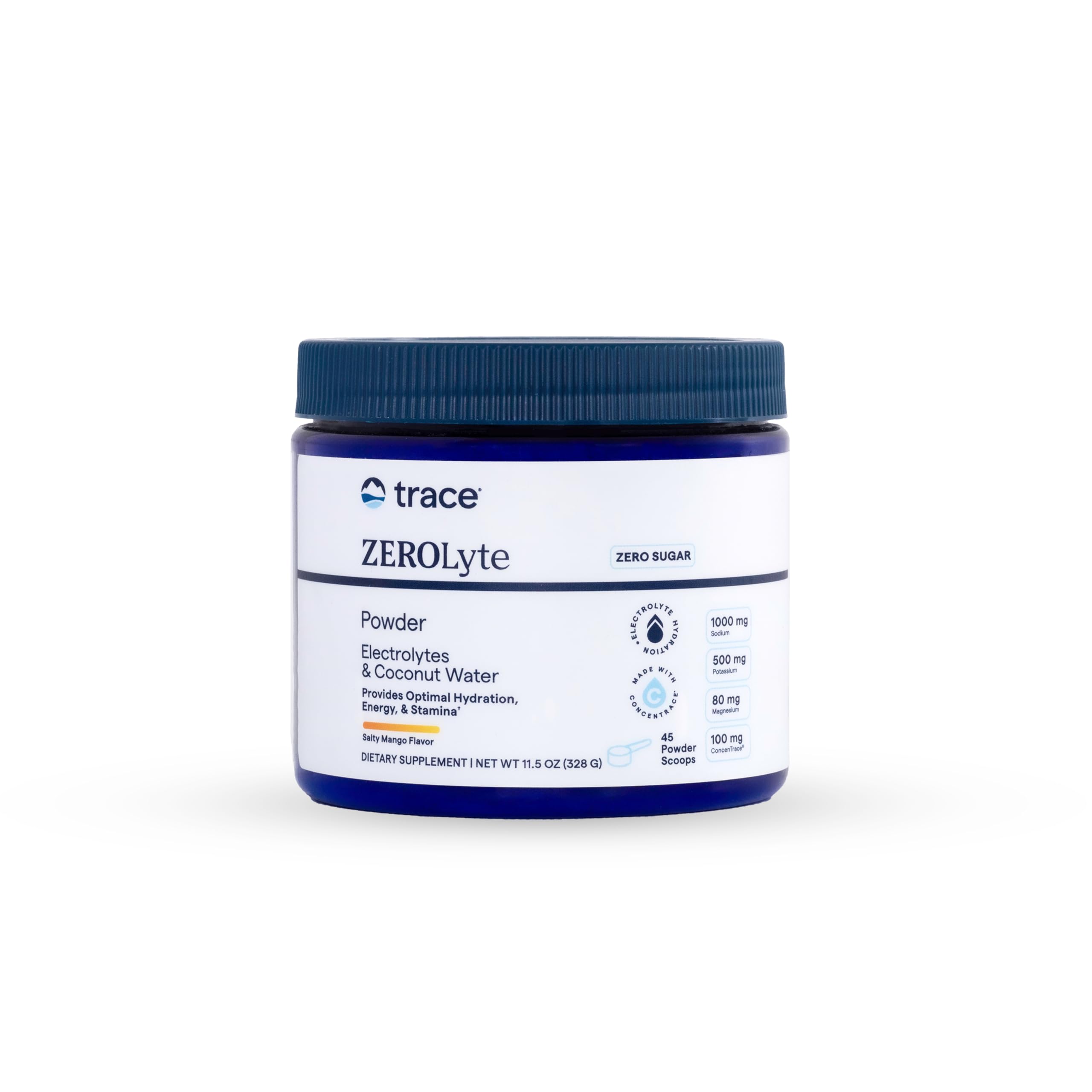 Trace Minerals ZeroLyte Salty Mango envase frontal mostrando 45 porciones y sabor