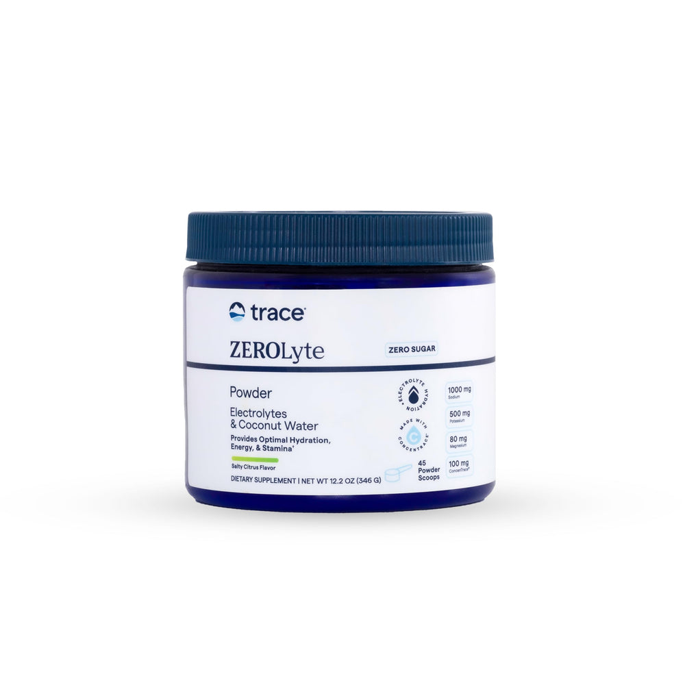 Trace Minerals envase ZeroLyte Salty Citrus vista frontal mostrando 45 porciones y etiqueta clara