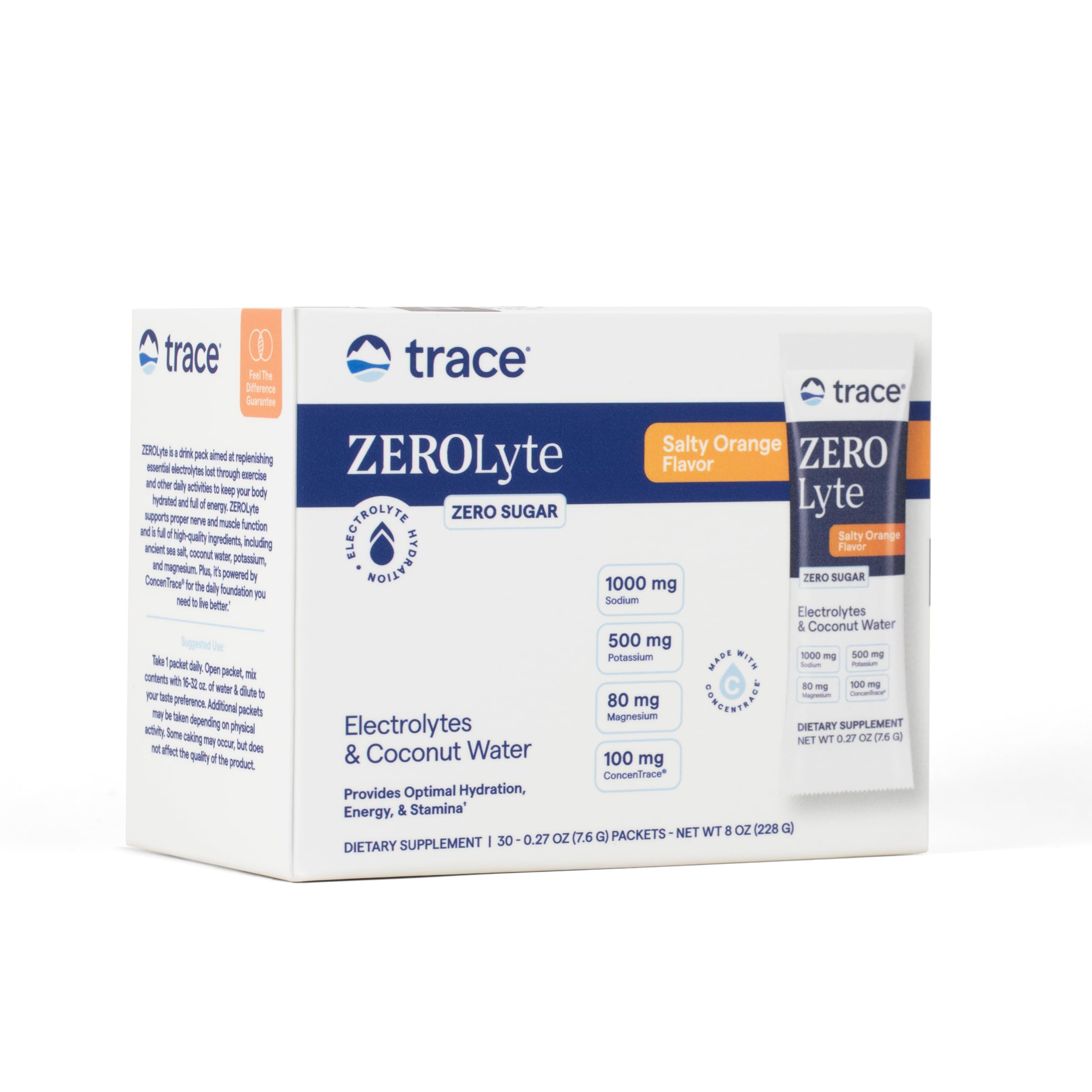 Trace Minerals sobre frente mostrando paquete y beneficio hidratación rápida