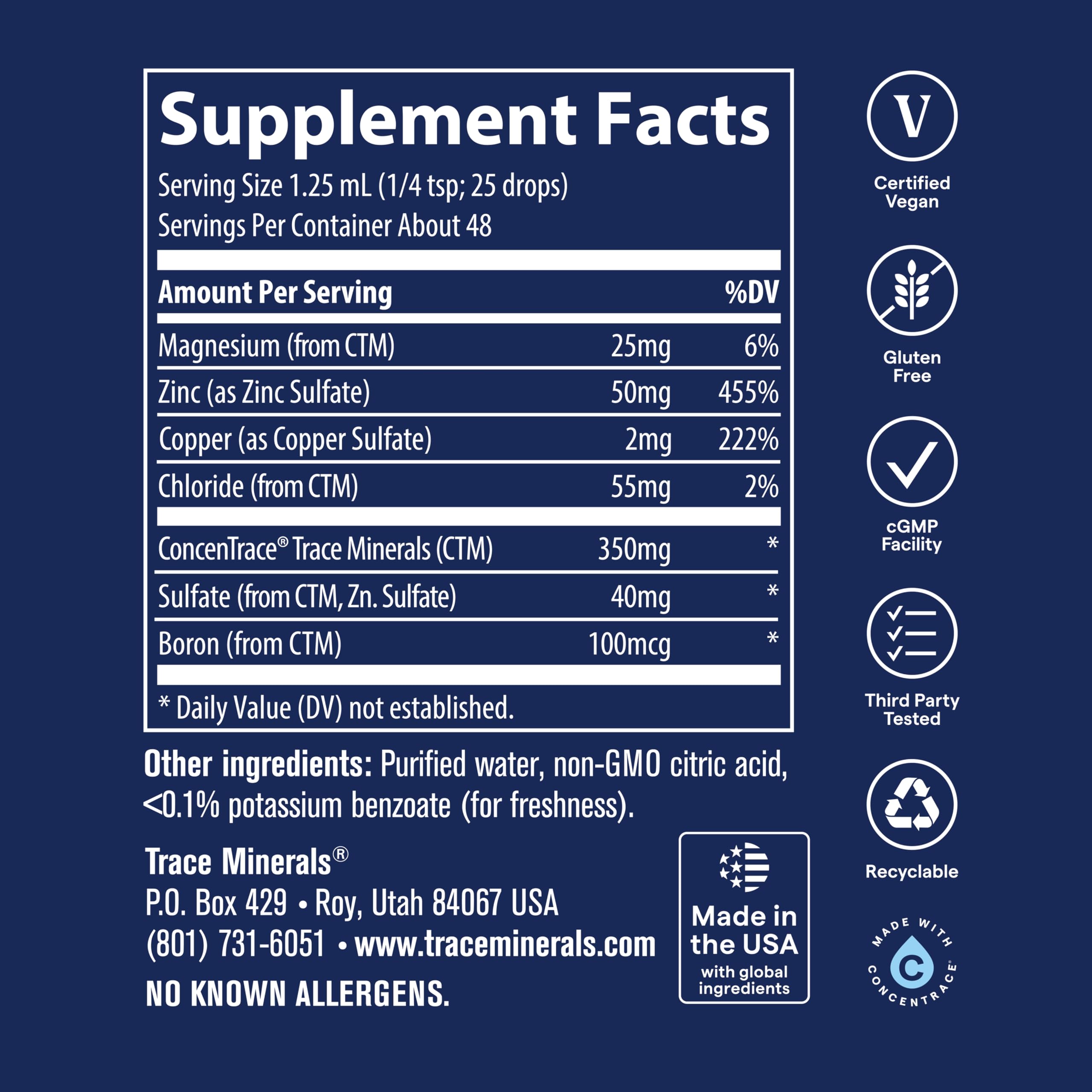 Trace Minerals etiqueta con lista de ingredientes y pruebas de pureza visibles