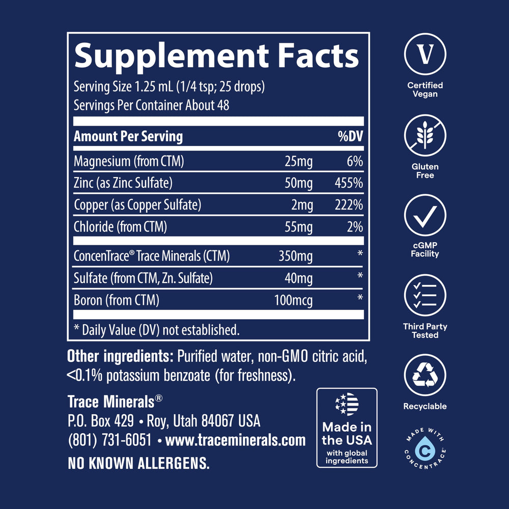 Trace Minerals etiqueta con lista de ingredientes y pruebas de pureza visibles