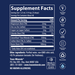Trace Minerals etiqueta con lista de ingredientes y pruebas de pureza visibles