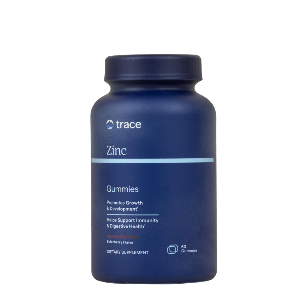 Trace Minerals envase frontal de gominolas zinc 30 mg, fácil identificación y almacenaje