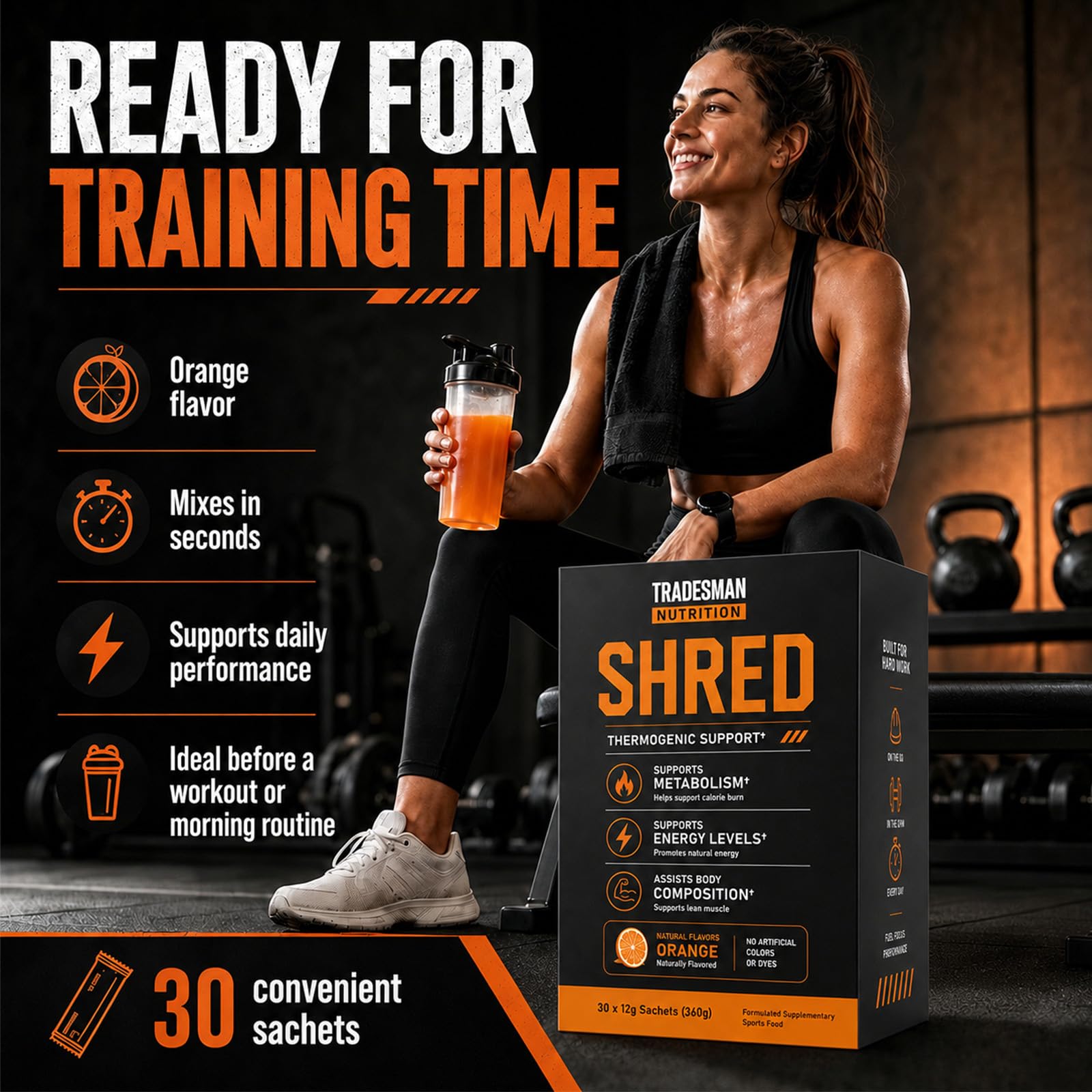 Tradesman Nutrition sobre junto a una regla para comparar tamaño portátil