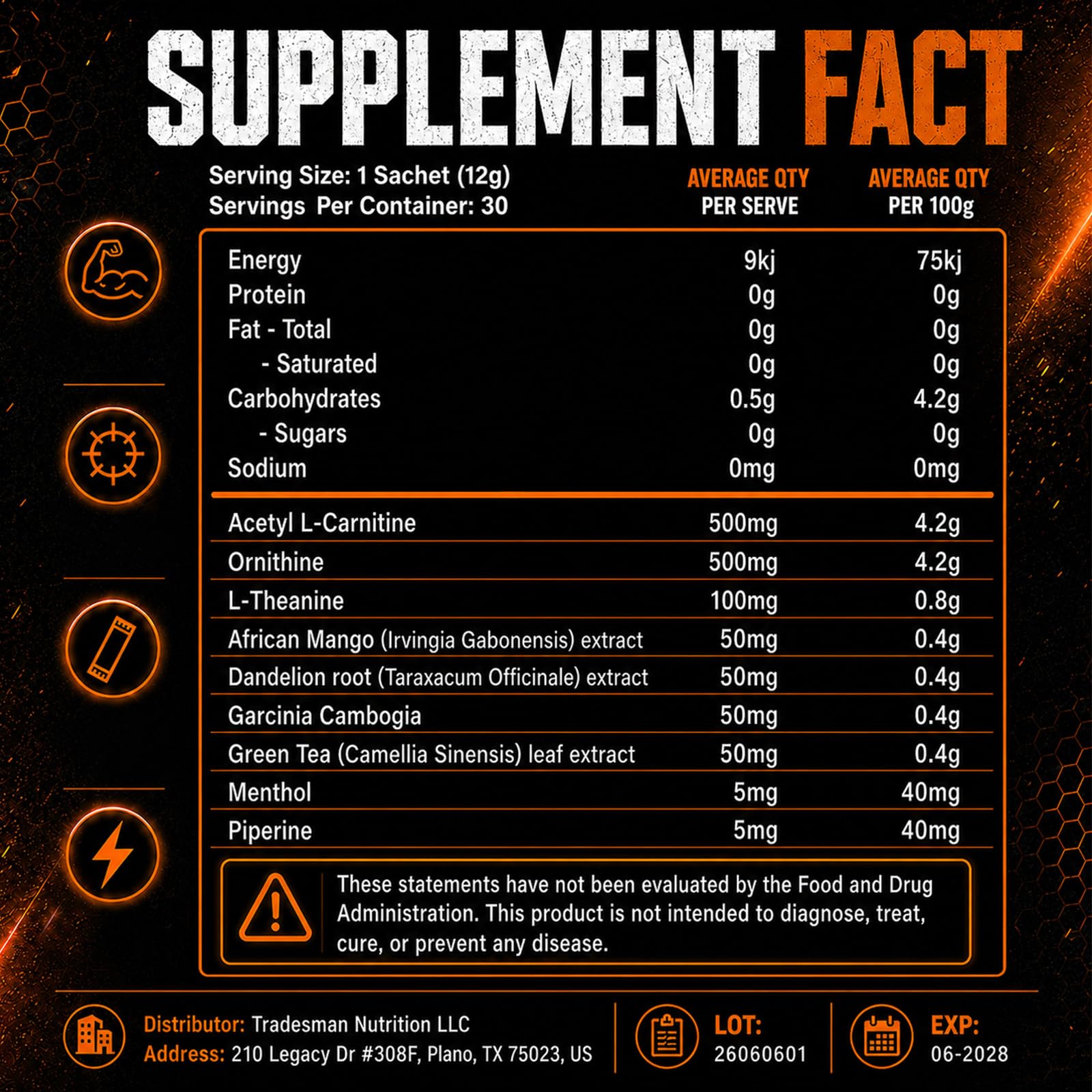 Tradesman Nutrition polvo naranja en primer plano resaltando textura fácil de mezclar