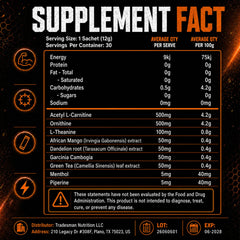 Tradesman Nutrition polvo naranja en primer plano resaltando textura fácil de mezclar