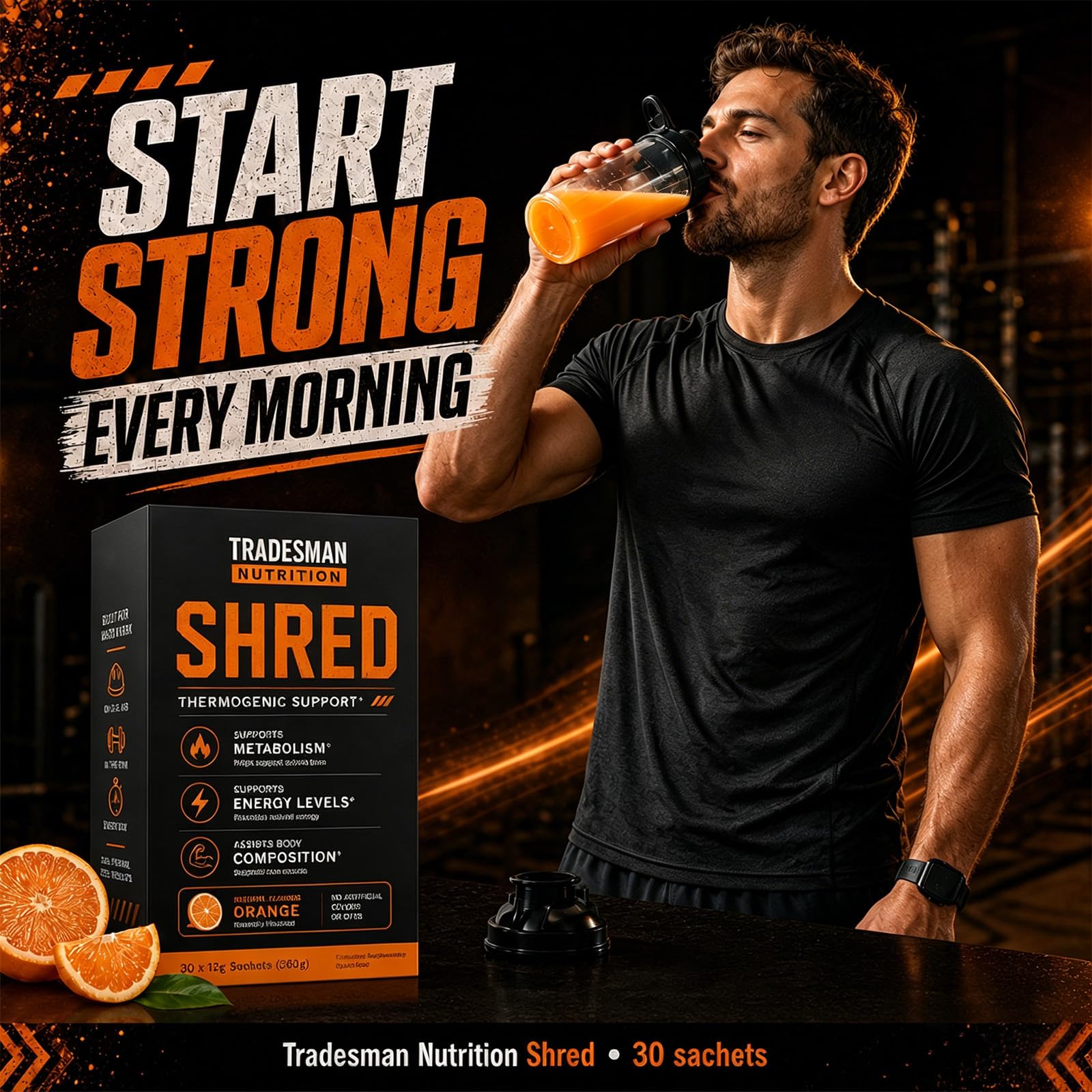 Tradesman Nutrition bebida naranja en vaso listo para consumir y energía sostenida