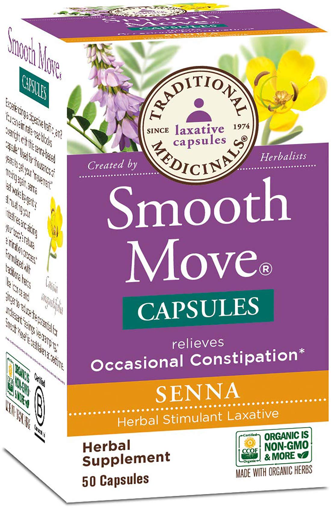 Traditional Medicinals frontal del envase mostrando 50 cápsulas y beneficios orgánicos