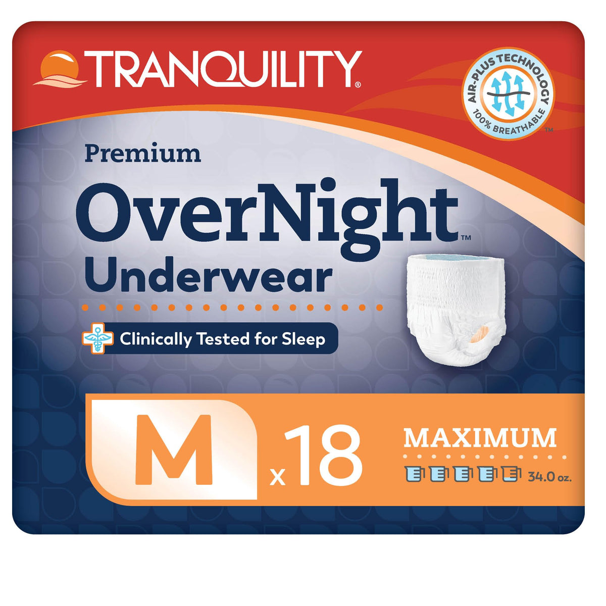 TRANQUILITY empaque frontal muestra 18 unidades y beneficio de protección nocturna