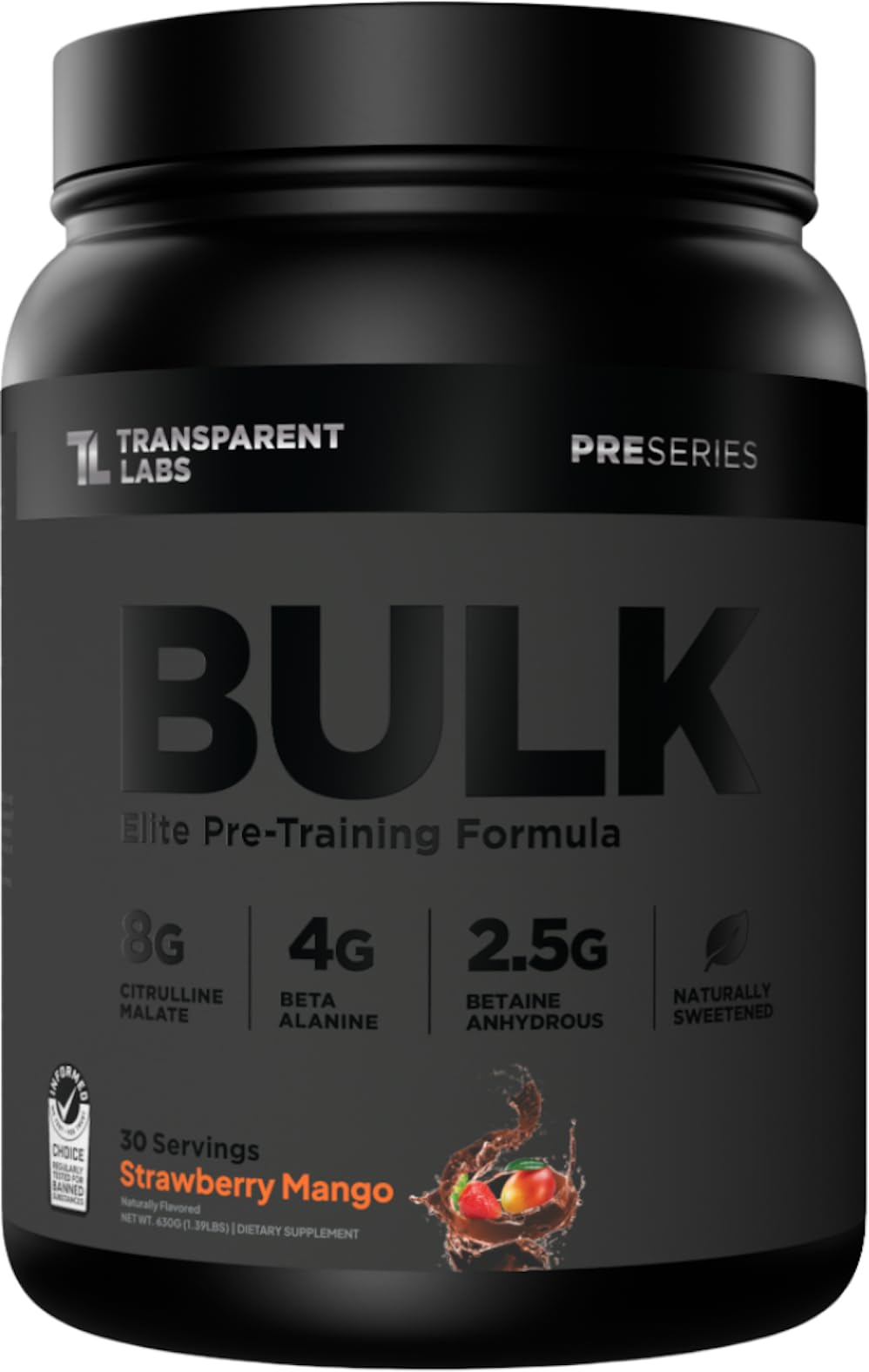 Transparent Labs empaque frontal Bulk Black mostrando beneficio claridad de ingredientes