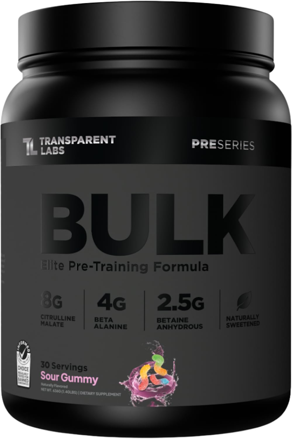 Transparent Labs presentación frontal Sour Gummy, refuerza energía antes de entrenar