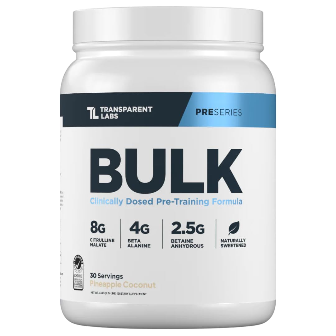 Transparent Labs Bulk frontal del envase mostrando el diseño y el sabor piña coco beneficios claro