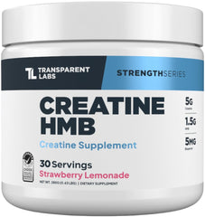Transparent Labs envase frontal mostrando creatina HMB y beneficio fuerza