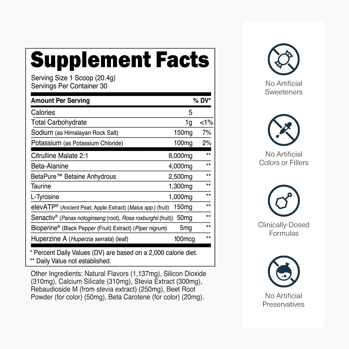 Transparent Labs etiqueta detallada con lista de ingredientes transparente y dosificación