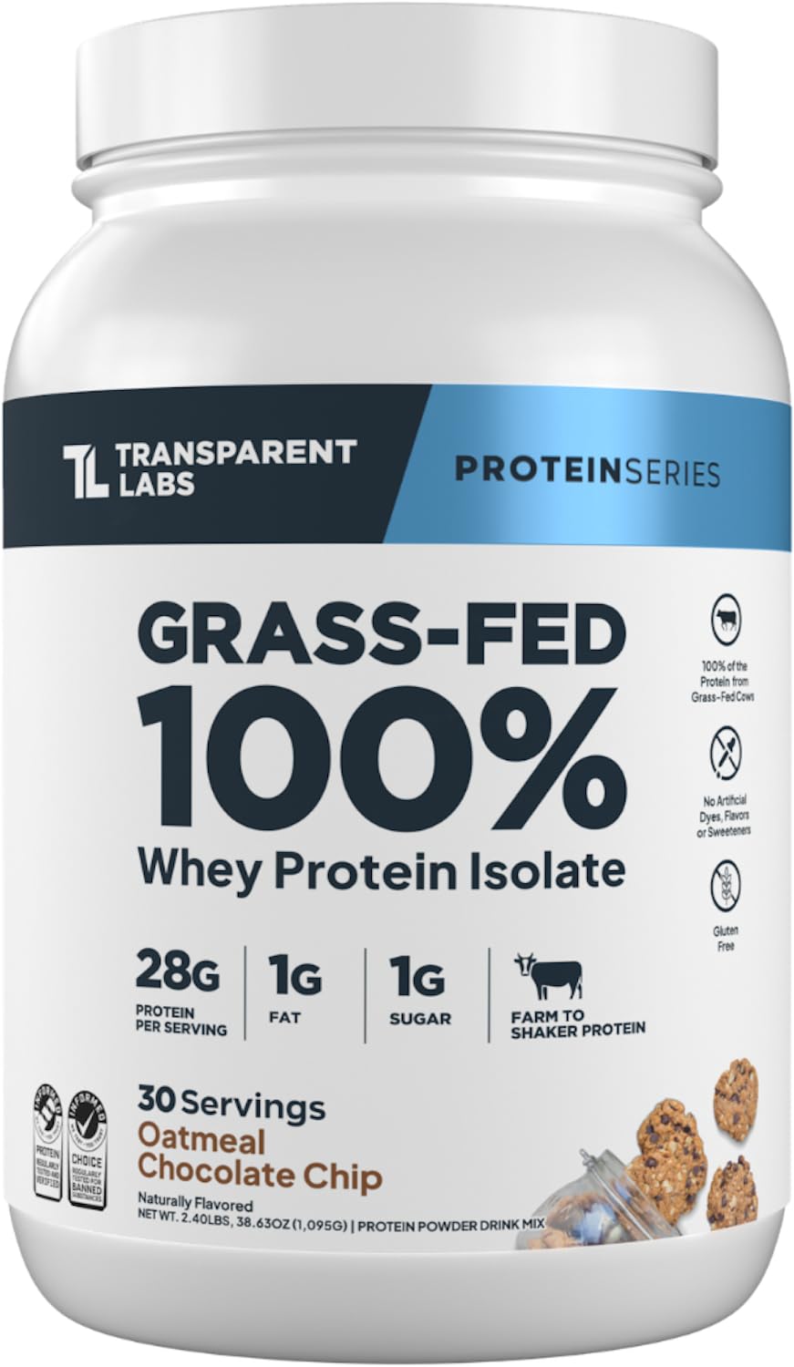 Transparent Labs frente del envase mostrando sabor oatmeal chocolate chip y beneficio de proteína limpia