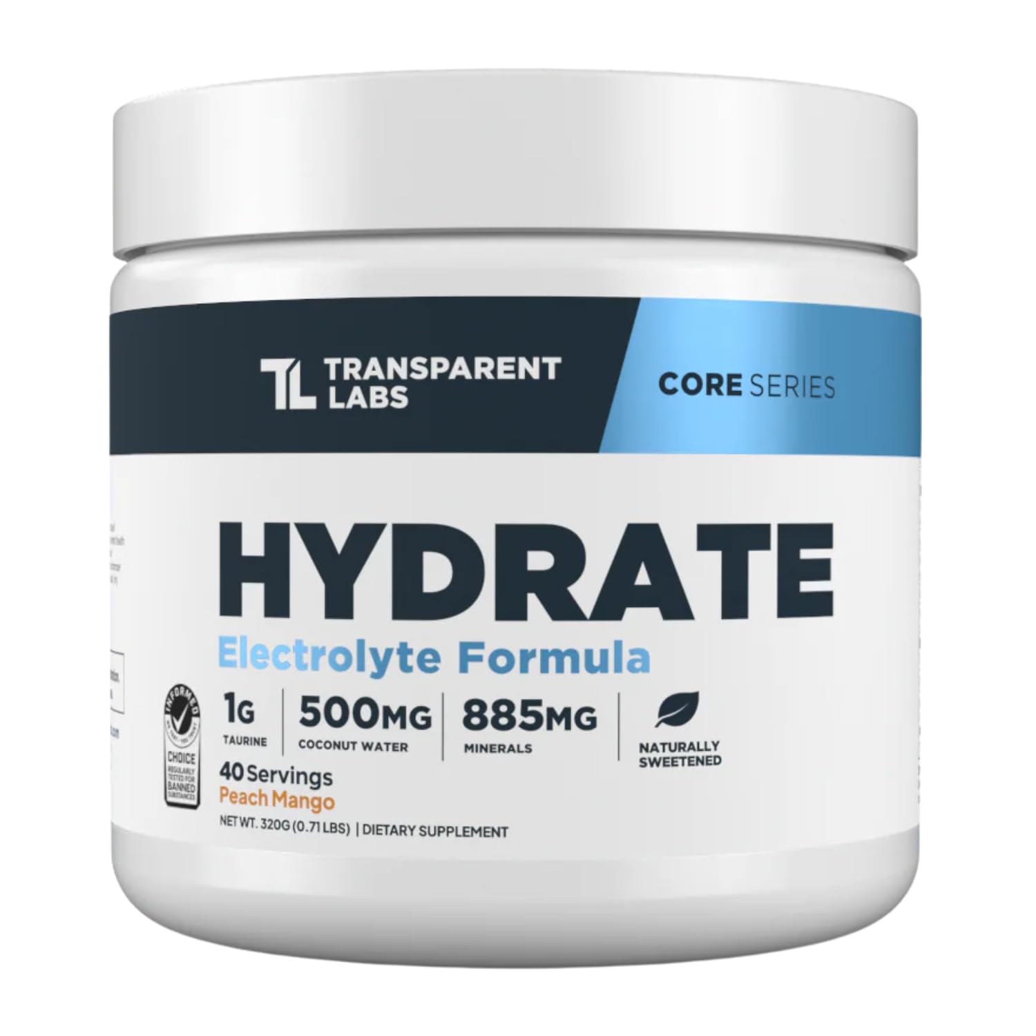 Transparent Labs bote frontal con sabor Peach Mango mostrando etiqueta y beneficios