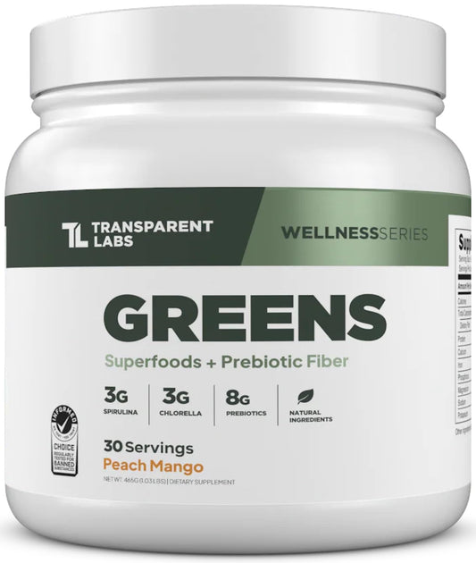 Transparent Labs Prebiotic Greens tub front with peach mango flavor for daily digestive balance.
