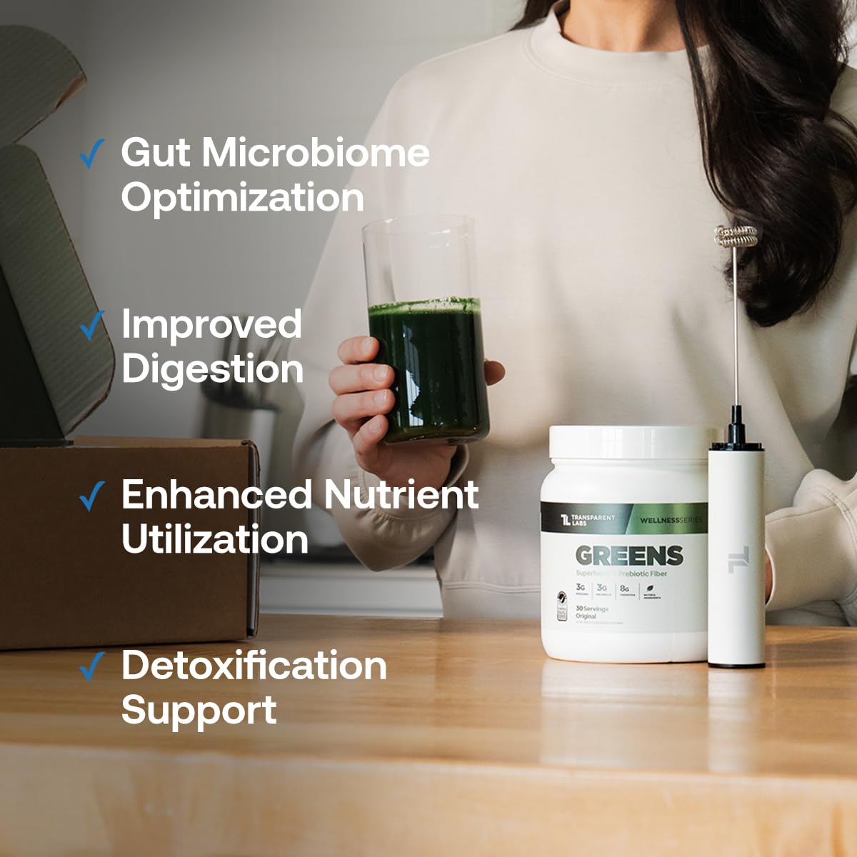 Primer plano de spirulina y chlorella en Transparent Labs que aporta vitaminas vegetales