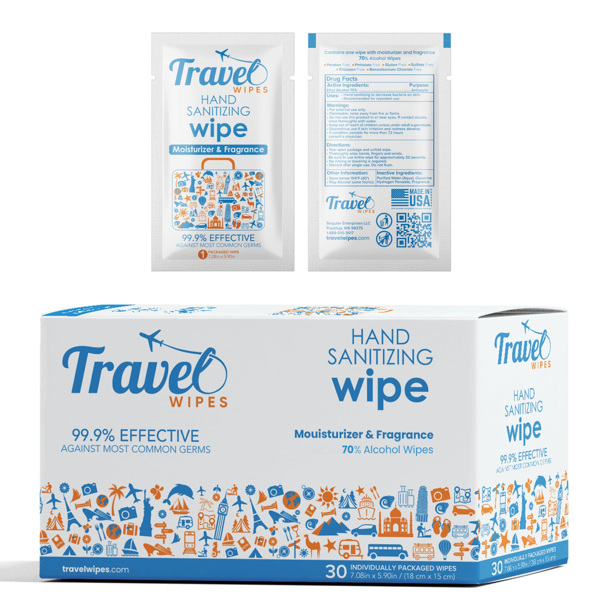 Travel Wipes frente del empaque mostrando 30 unidades, transporte fácil