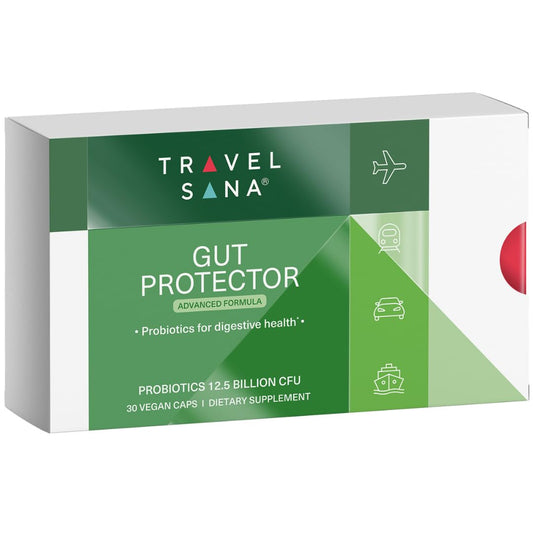 TRAVELSANA envase frontal mostrando 30 cápsulas y beneficio de viaje