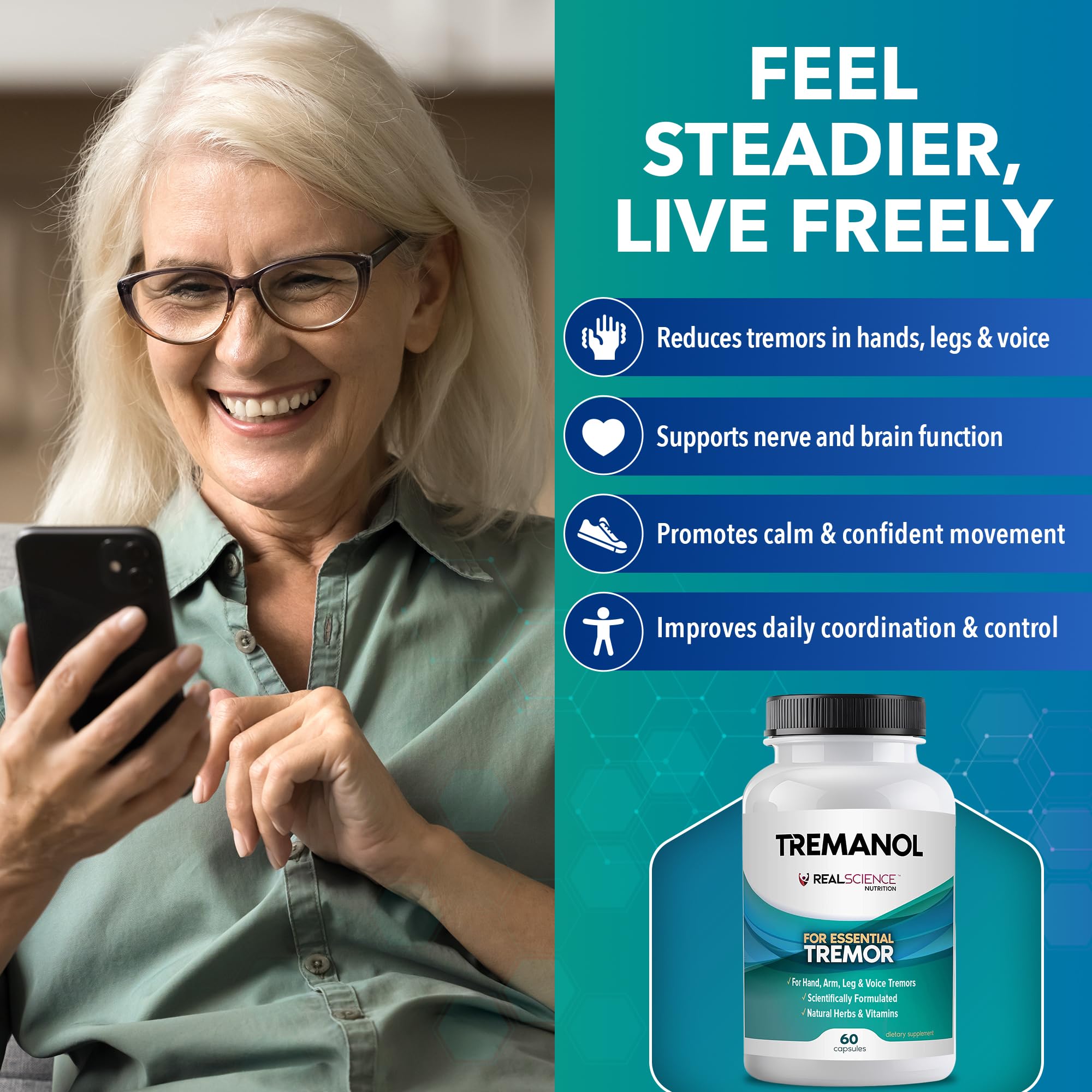 Real Science Nutrition tremanol cápsula en primer plano para ver tamaño y fácil ingestión