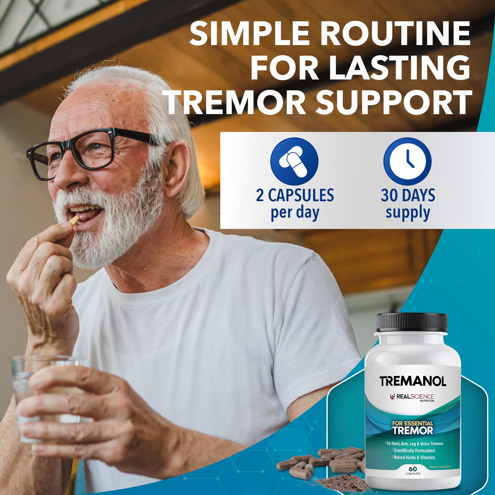 Real Science Nutrition tremanol botella sobre mesa como apoyo diario simple y ordenado