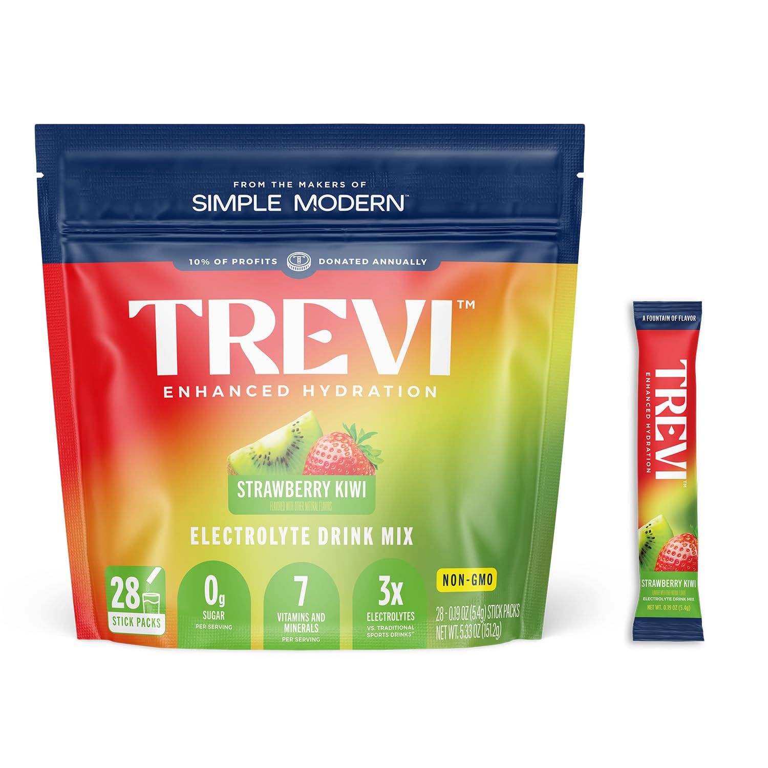 TREVI envase frontal mostrando sabor fresa kiwi y beneficios sin azúcar