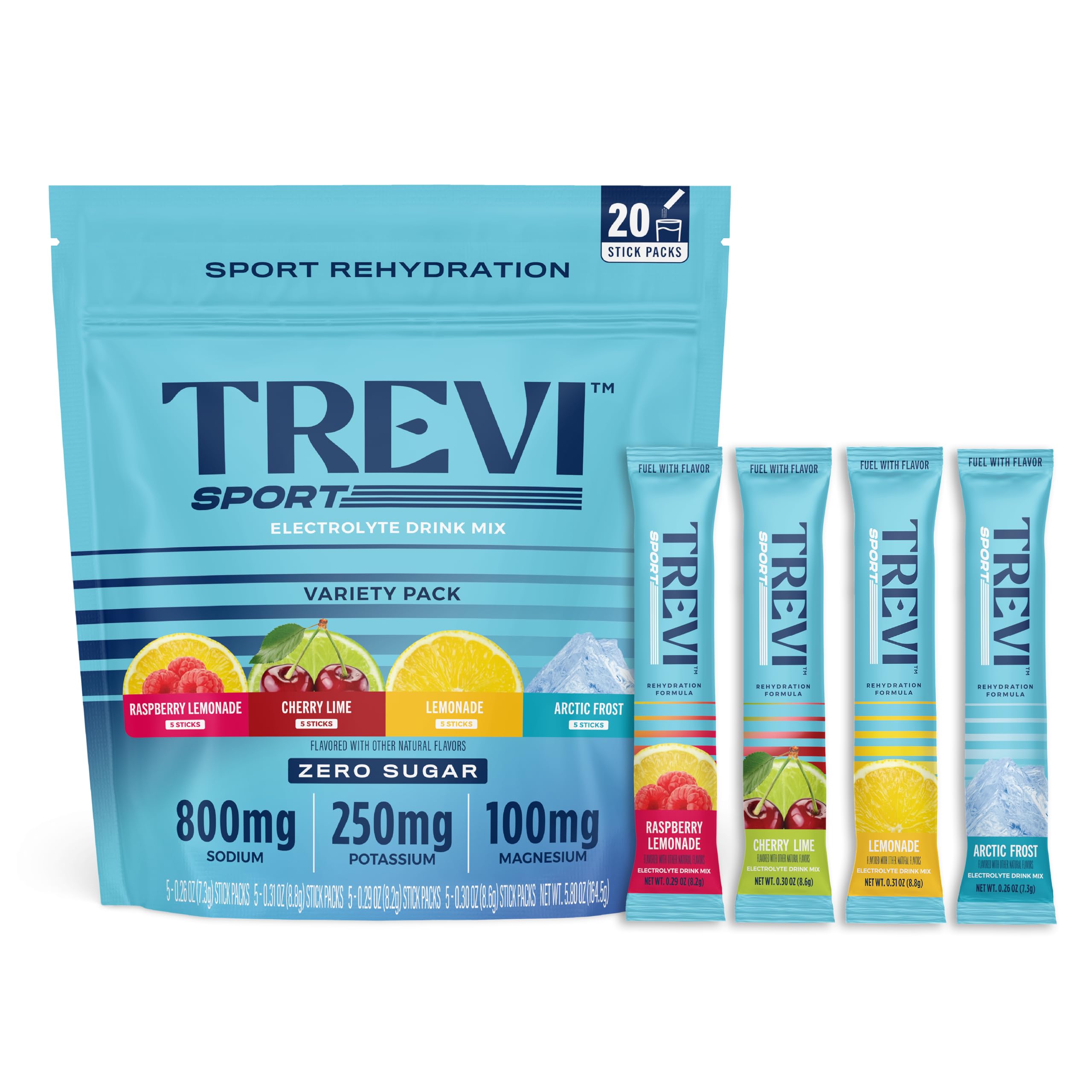 TREVI frente del empaque mostrando variedad y beneficios sin azúcar