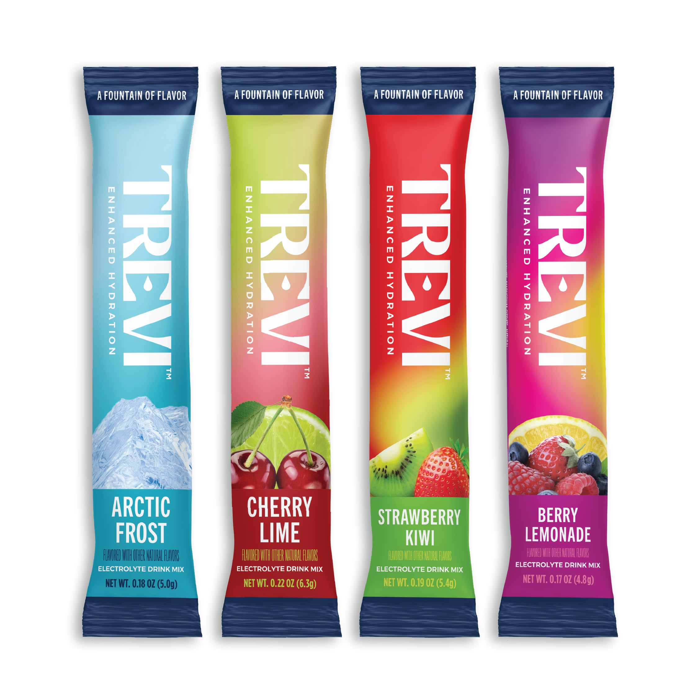 TREVI frente del empaque mostrando 28 sobres y beneficio de hidratación práctica