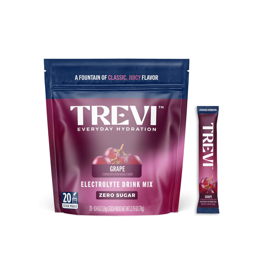 TREVI frente del empaque mostrando 20 sobres y sabor uva, práctica portabilidad