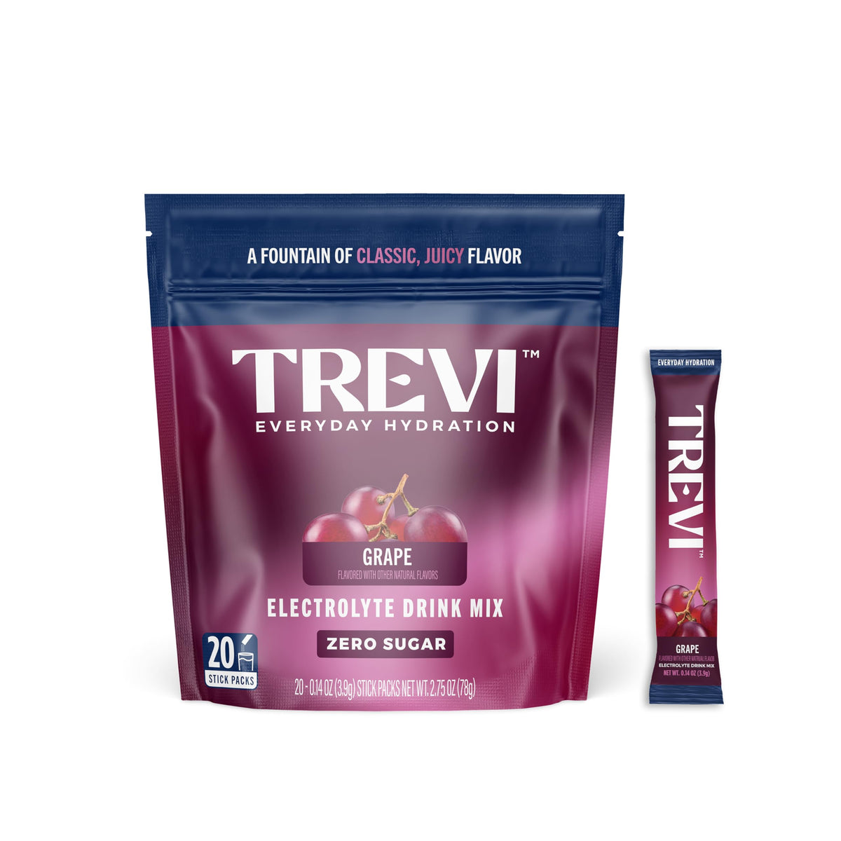 TREVI frente del empaque mostrando 20 sobres y sabor uva, práctica portabilidad