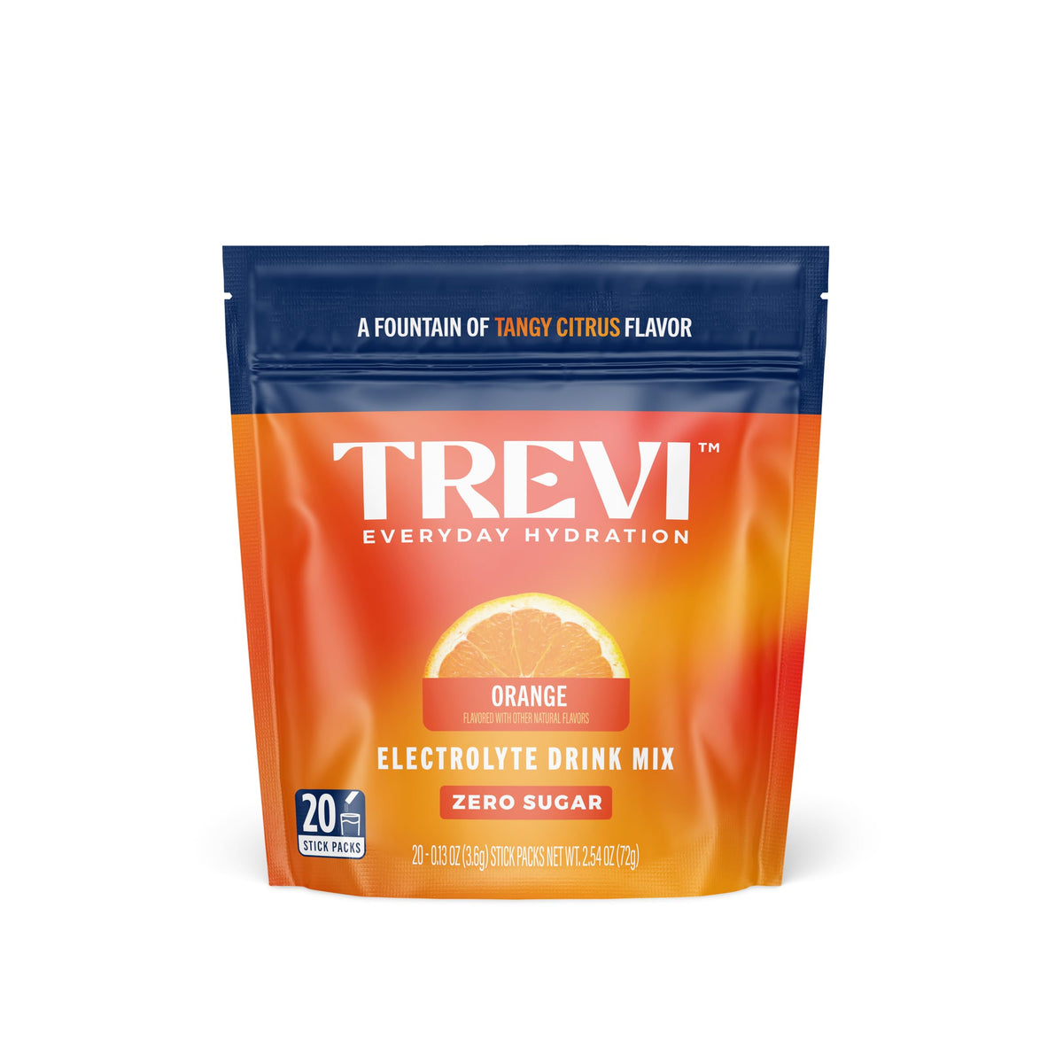 TREVI empaque frontal naranja mostrando sobres y beneficios