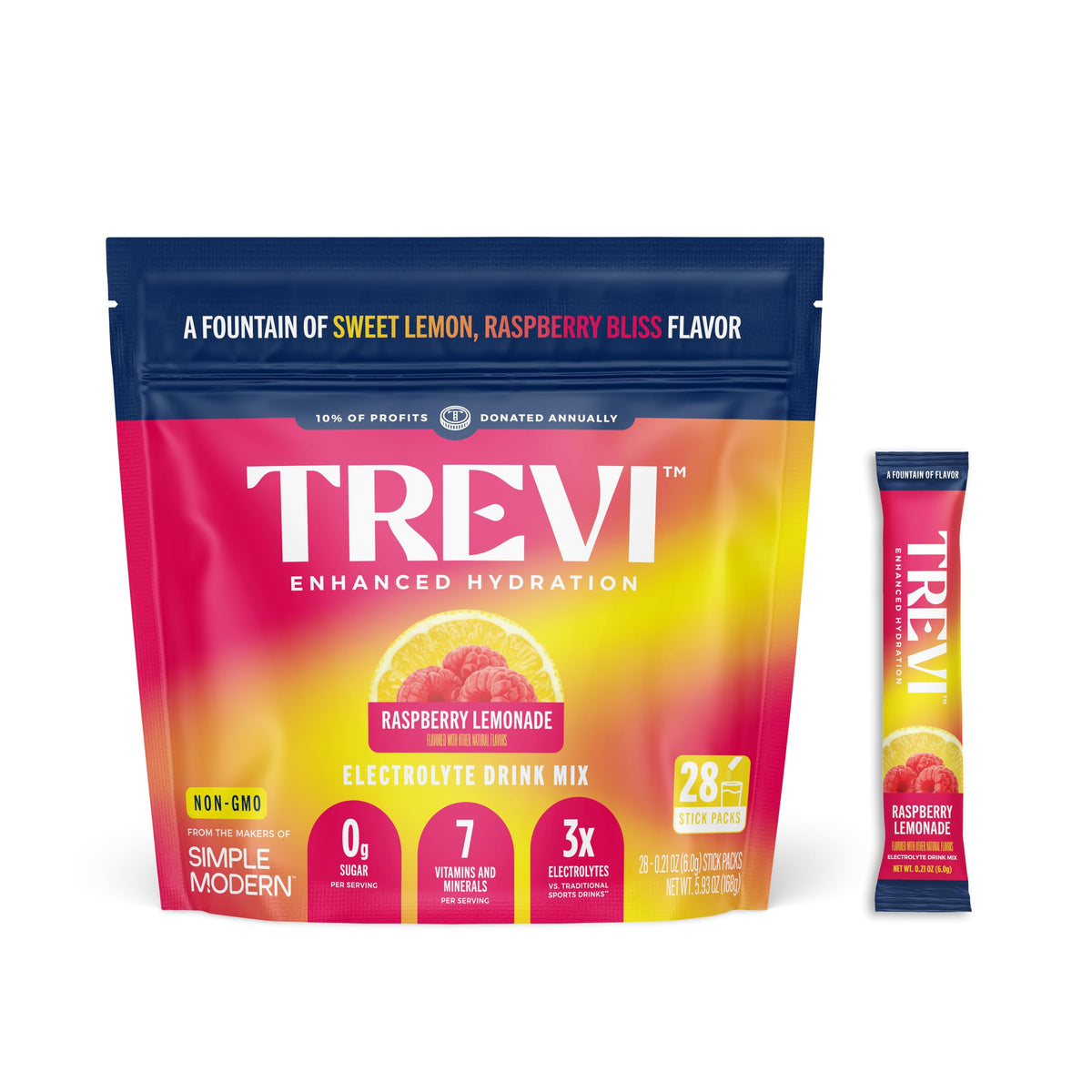 TREVI frente del empaque mostrando sabor frambuesa-limonada y beneficios