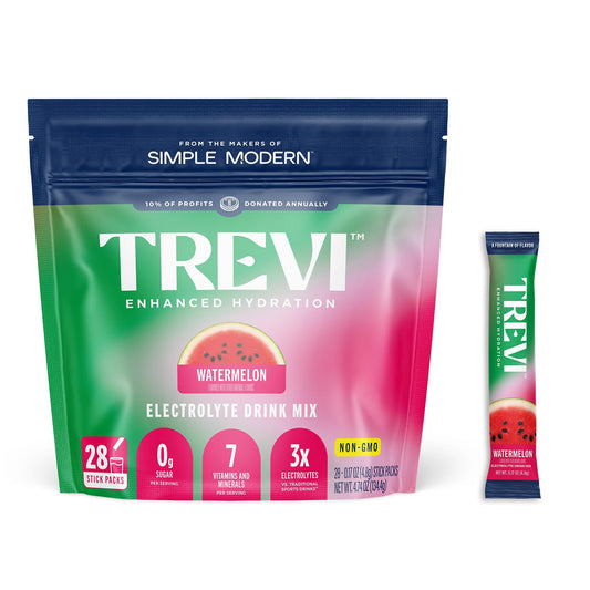 TREVI empaque frontal con 28 sobres mostrando beneficios de hidratación