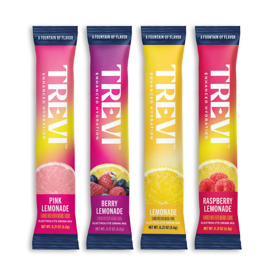 TREVI frente del paquete mostrando sabor Lemonade y portabilidad beneficiosa