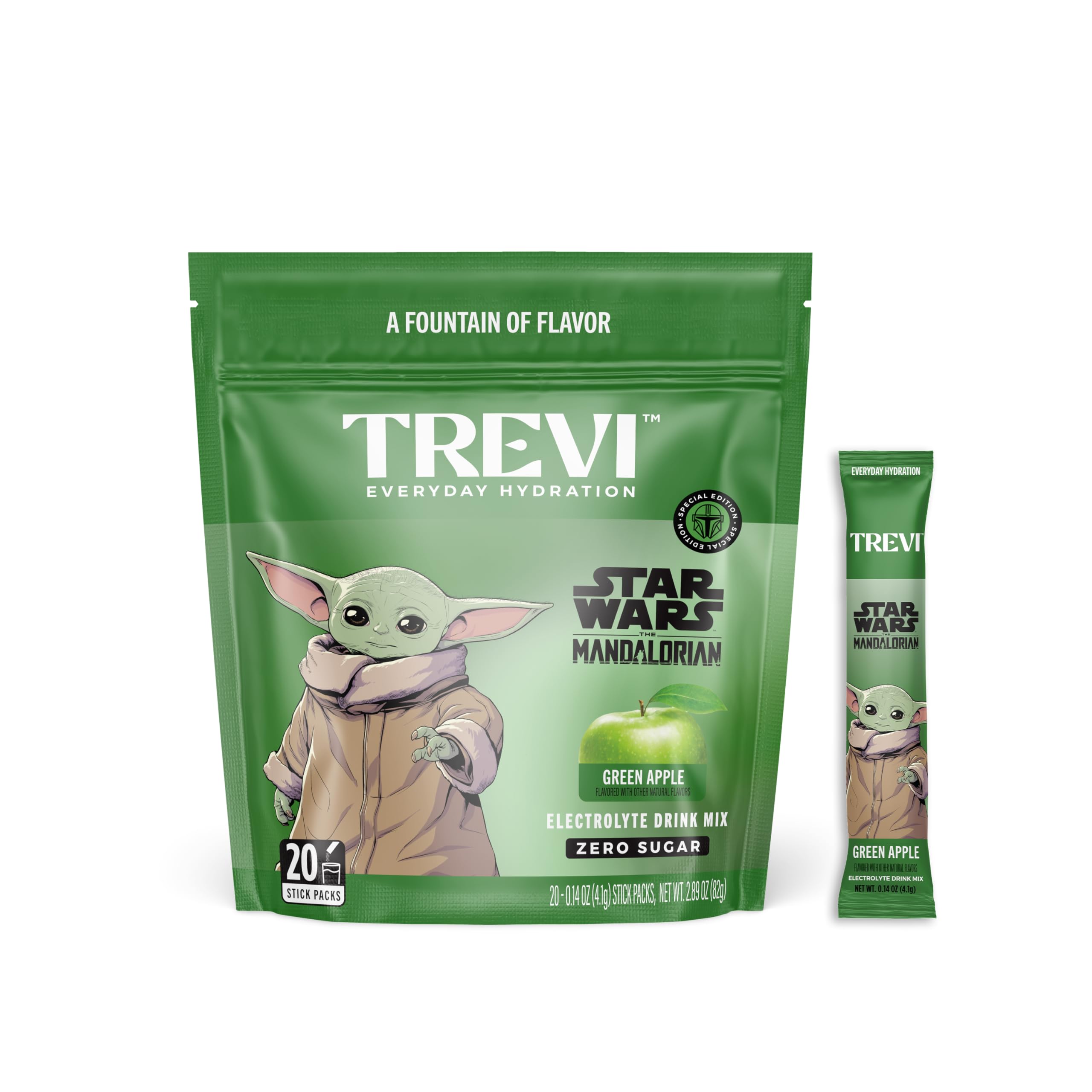 TREVI empaque frontal con sobres manzana verde, práctico para llevar y sin azúcar