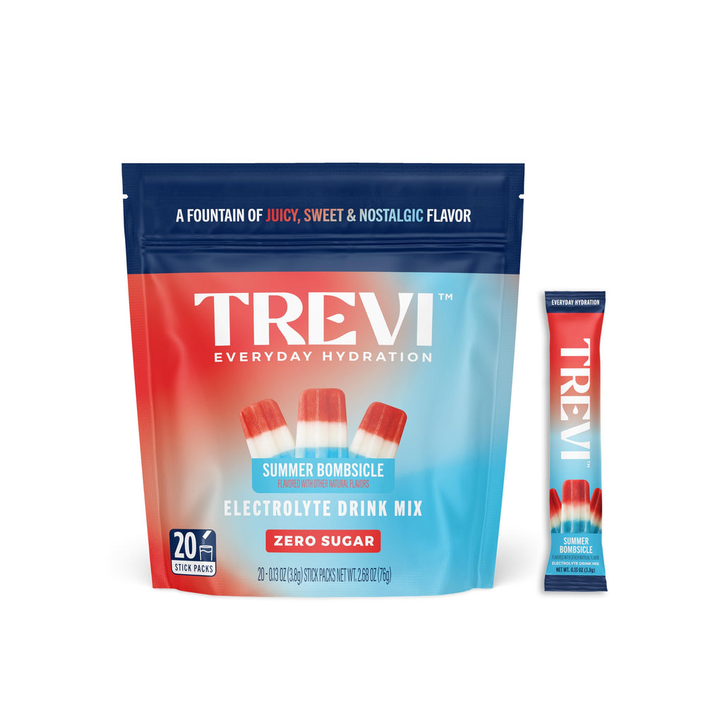 TREVI embalaje frontal mostrando sobres y marca, conveniencia portátil