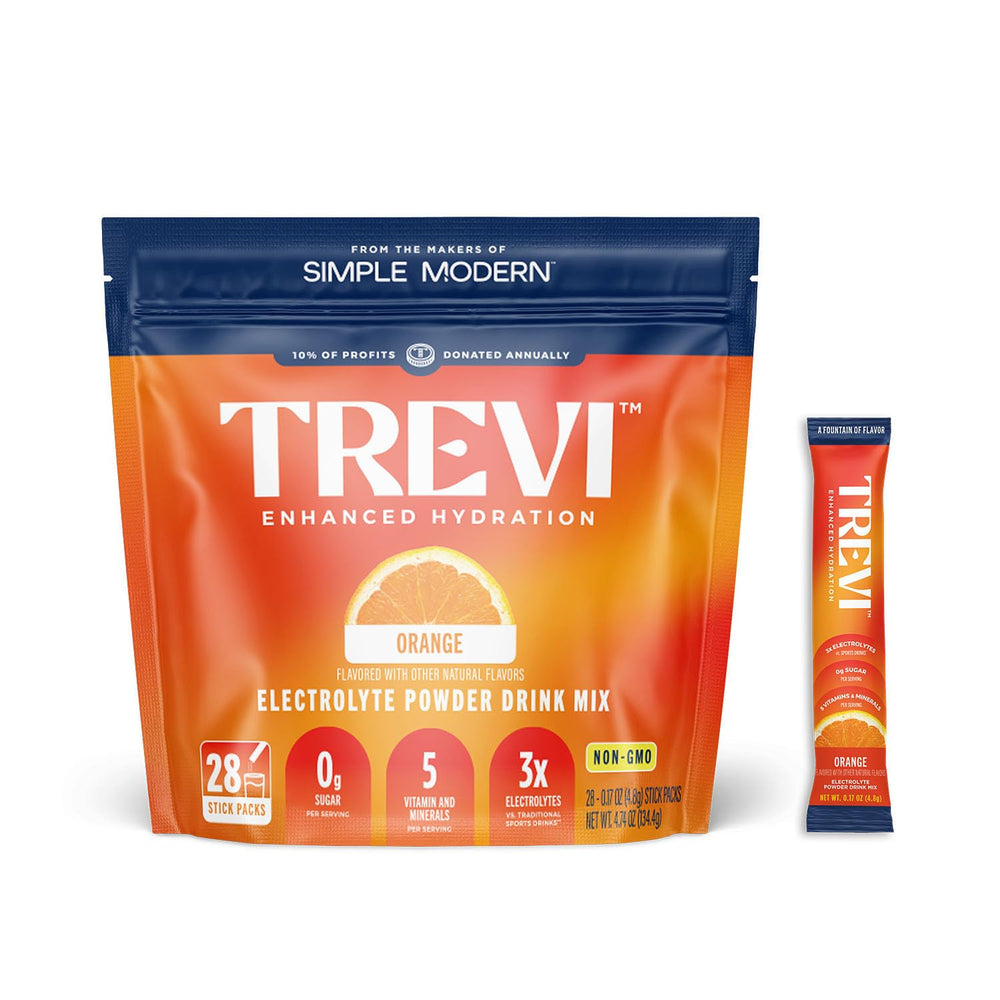 TREVI paquete frontal 28 stickpacks naranja, presentación compacta y práctica