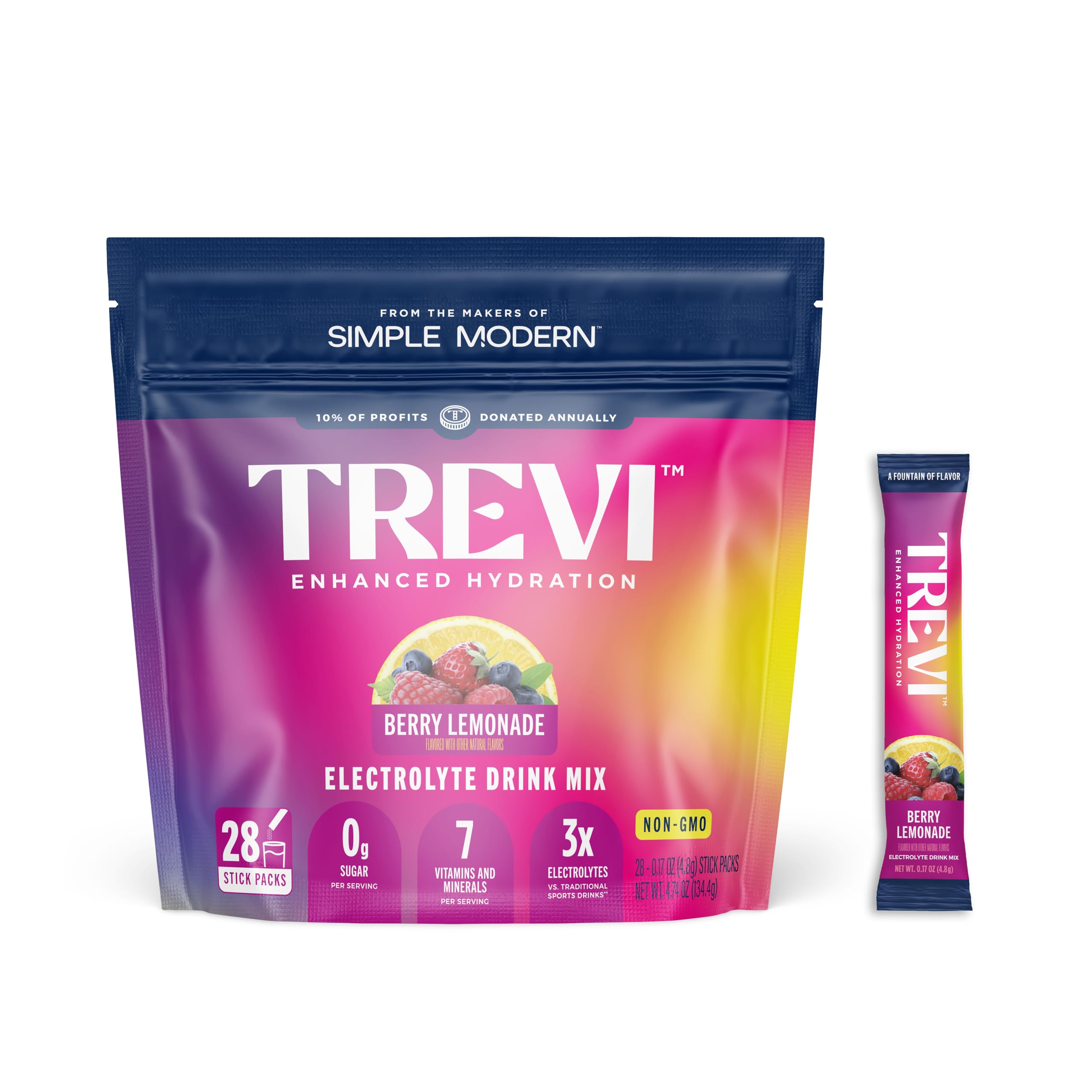 TREVI frente del paquete mostrando sabor Berry Lemonade y conveniencia