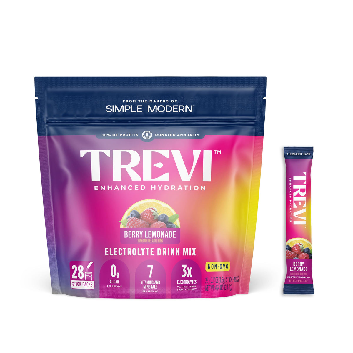 TREVI frente del paquete mostrando sabor Berry Lemonade y conveniencia