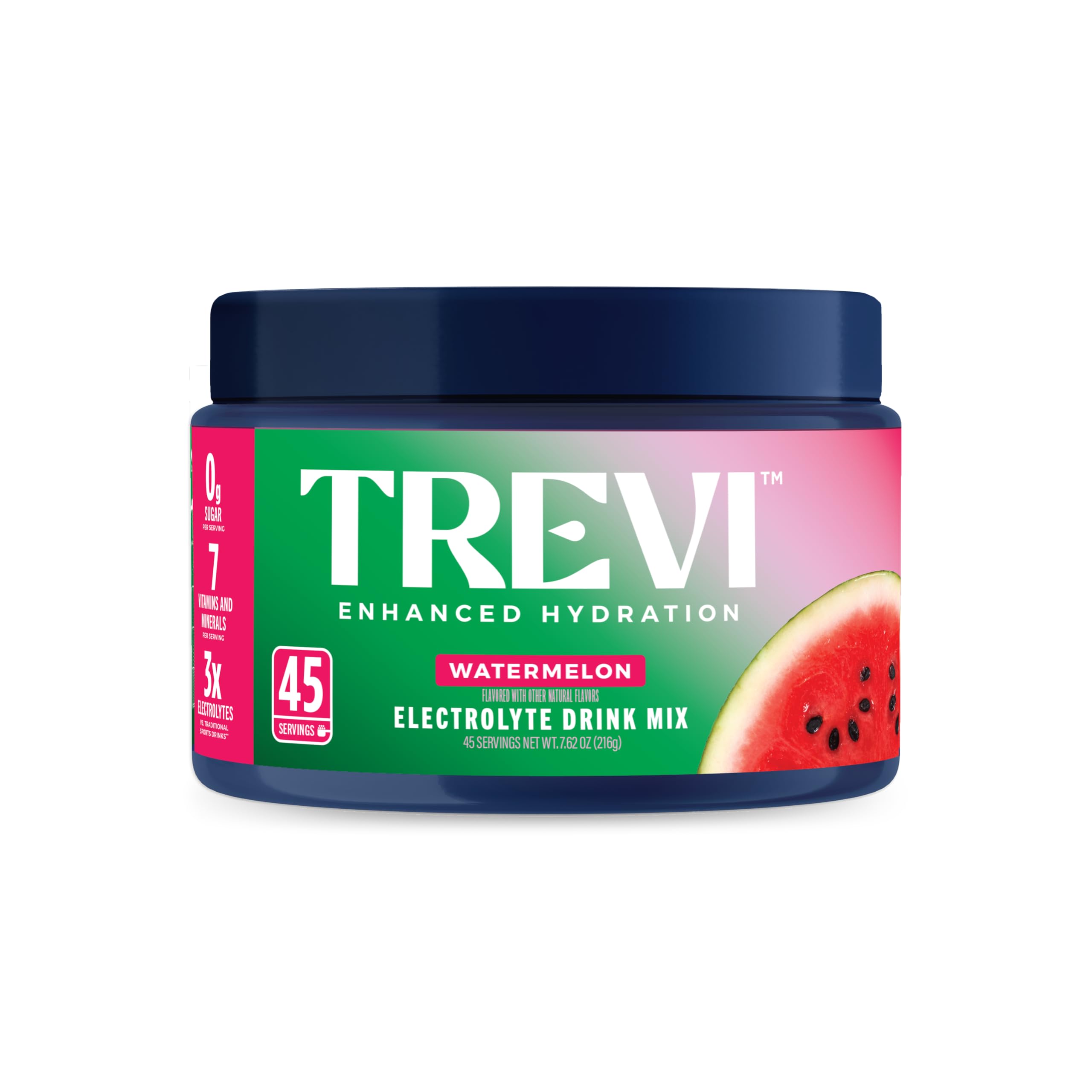 TREVI tarro 45 scoops sandía en primer plano con etiqueta clara y beneficios