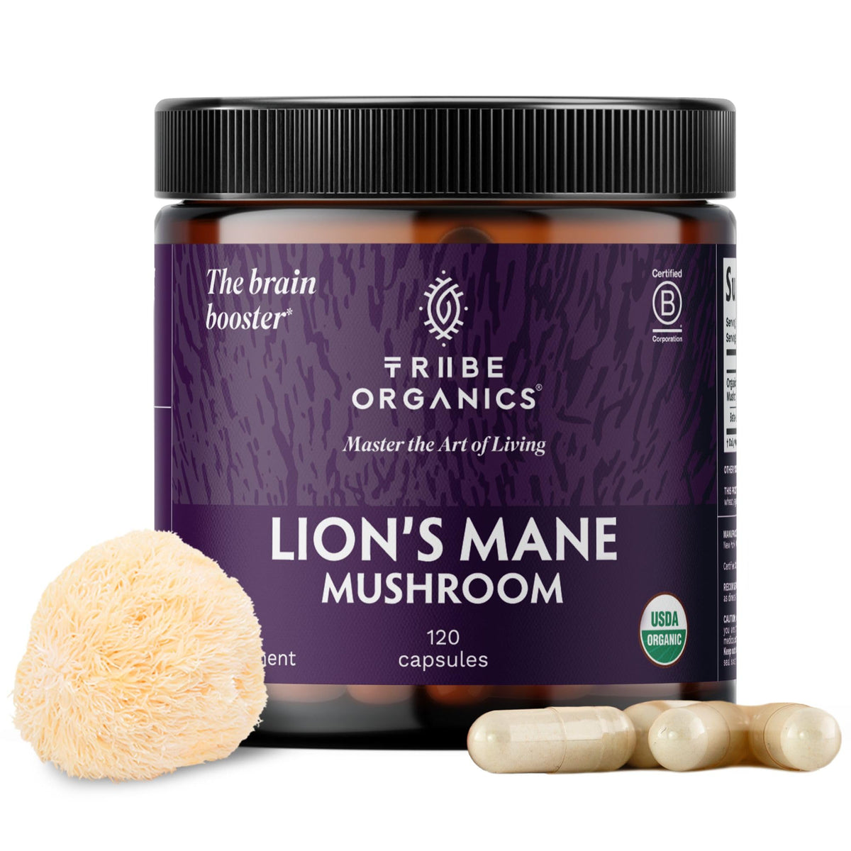 TRIBE ORGANICS envase frontal mostrando 120 cápsulas y beneficios clave