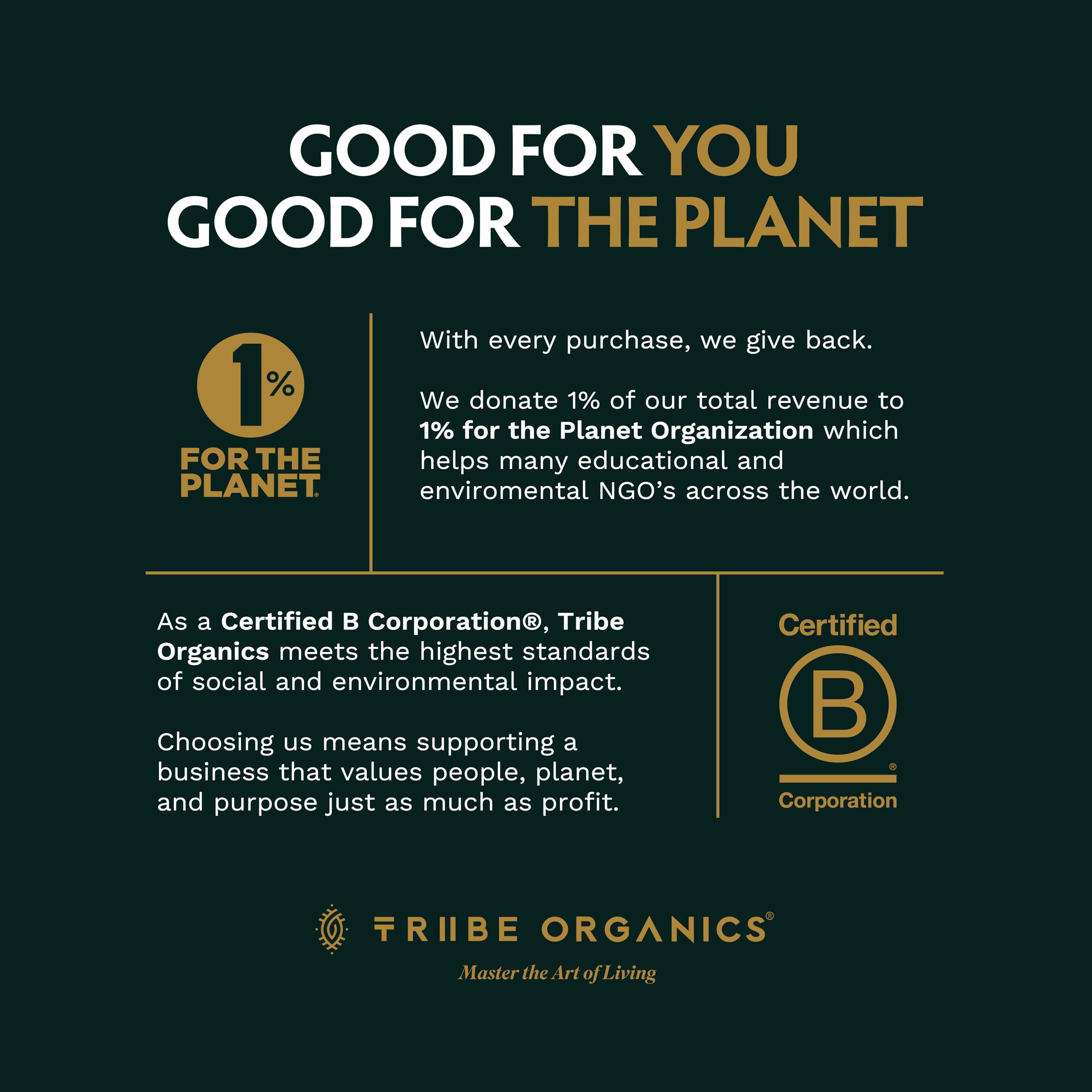 TRIBE ORGANICS sello orgánico y mención 1% for the Planet por sostenibilidad