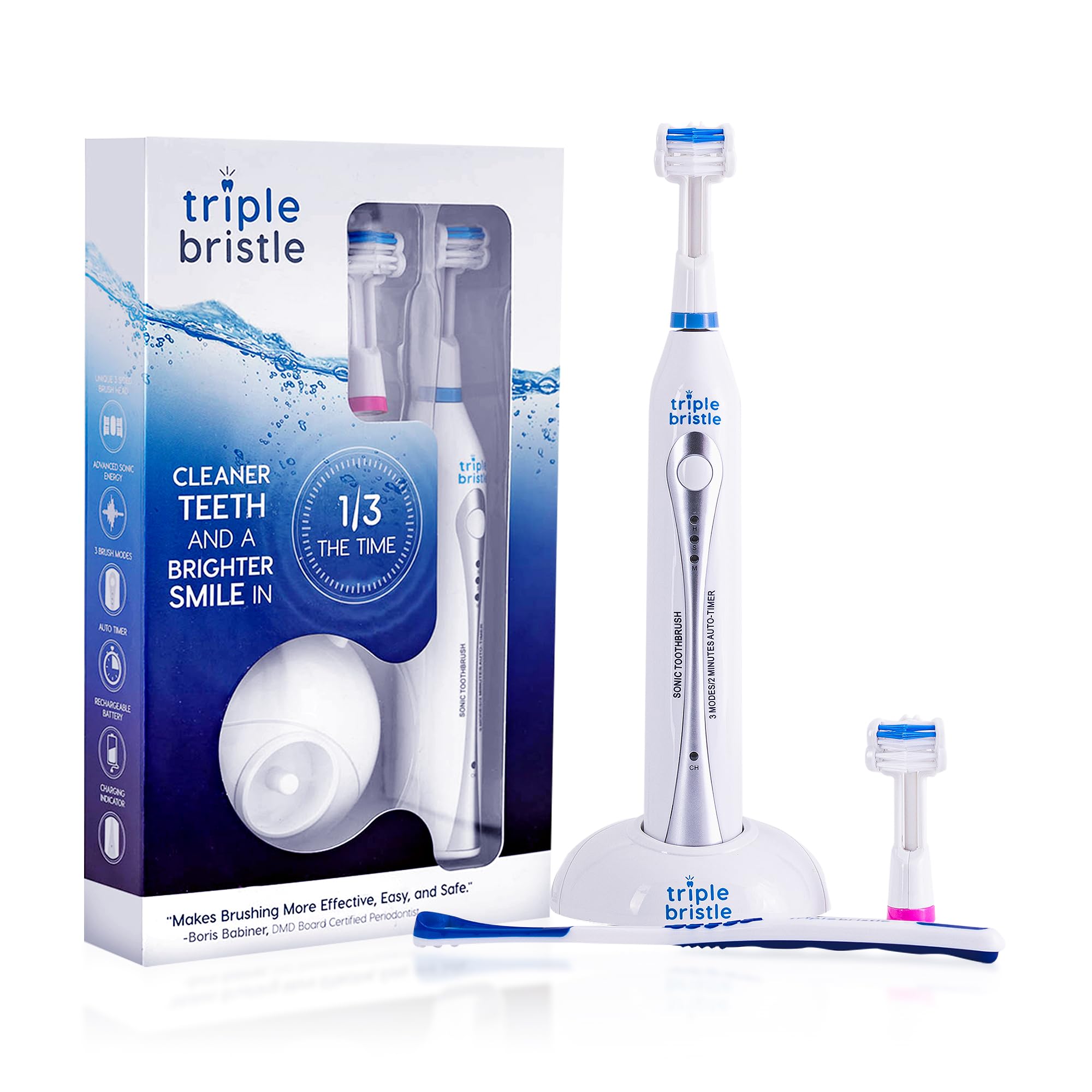 Triple Bristle vista frontal del producto y empaque, práctico y rápido