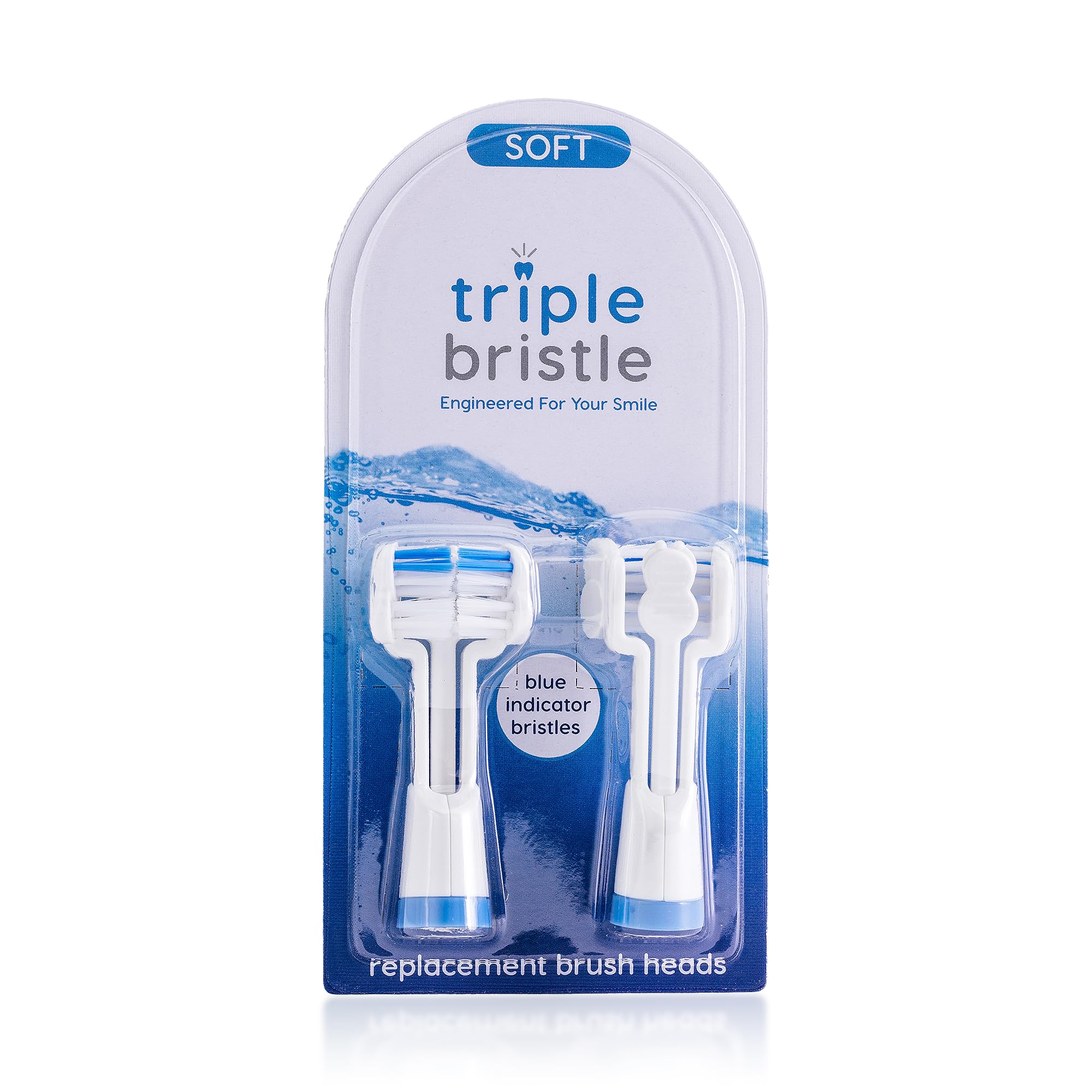 Triple Bristle vista frontal del pack azul con dos cabezales, reemplazo práctico