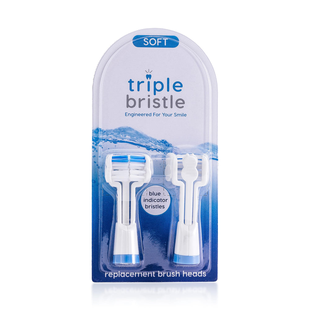 Triple Bristle vista frontal del pack azul con dos cabezales, reemplazo práctico
